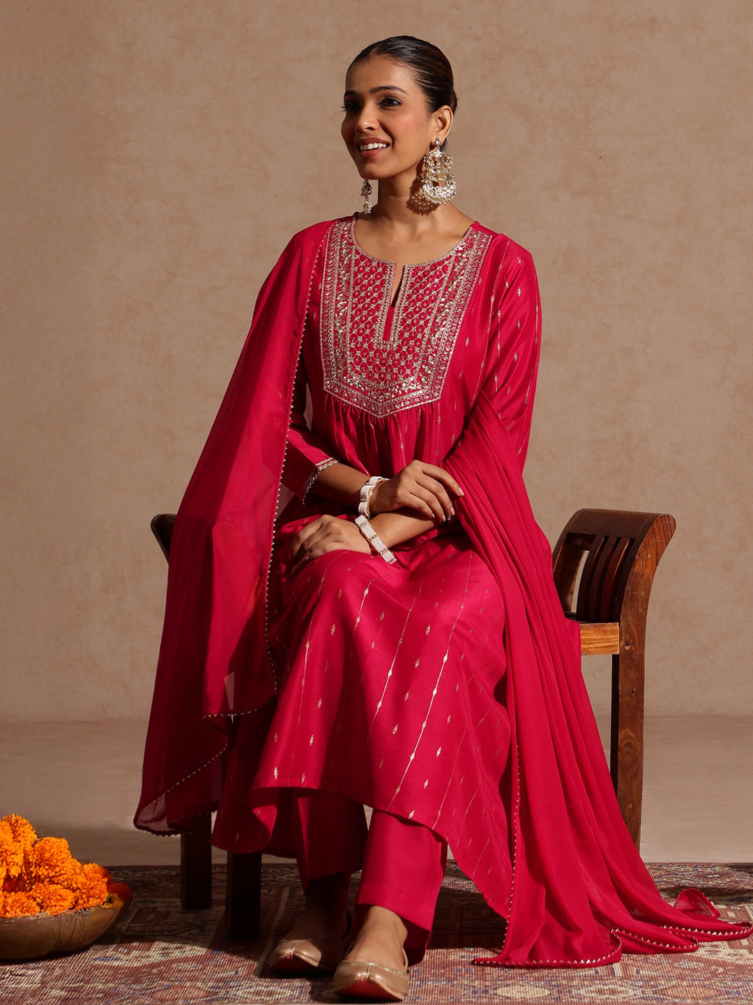 Ninnique Women's Pink Silk Blend Zari Yoke Embroidered A-line Kurta Set With Dupatta