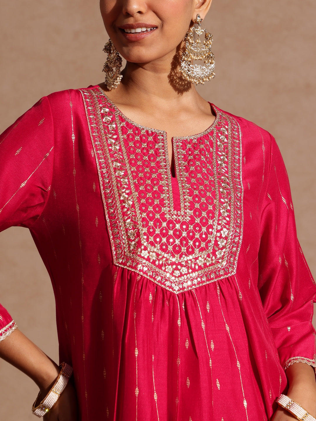 Ninnique Women's Pink Silk Blend Zari Yoke Embroidered A-line Kurta Set With Dupatta