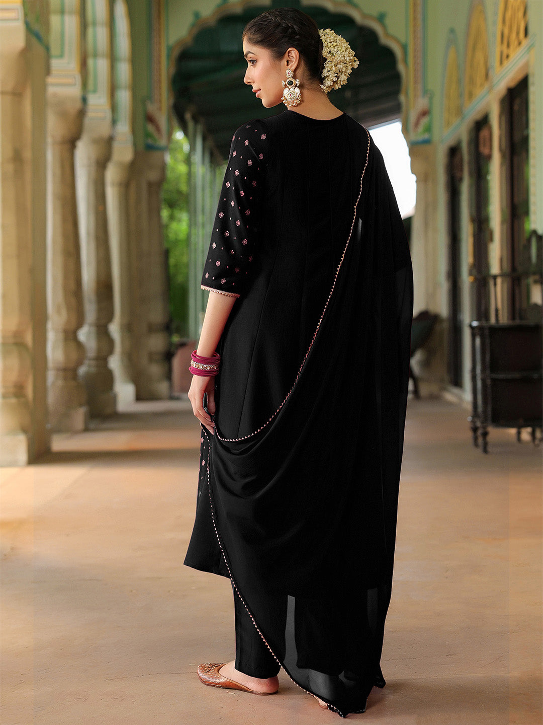 Ninnique Women's Black Silk Blend Zari Yoke Embroidered Gold Printed Anarkali Kurta Set
