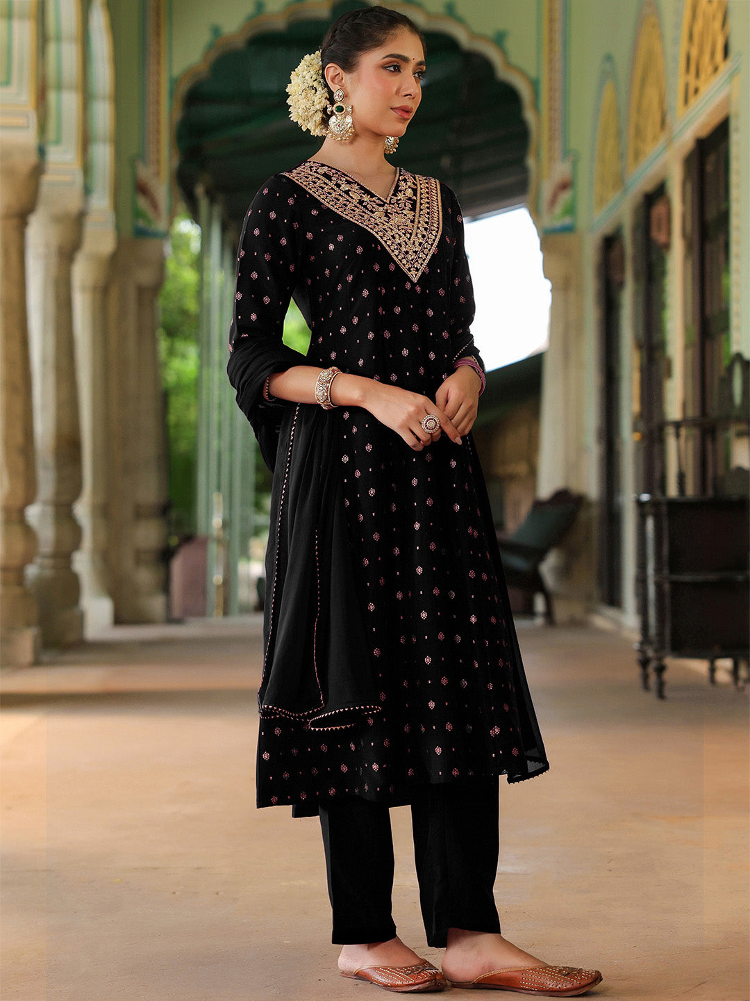 Ninnique Women's Black Silk Blend Zari Yoke Embroidered Gold Printed Anarkali Kurta Set