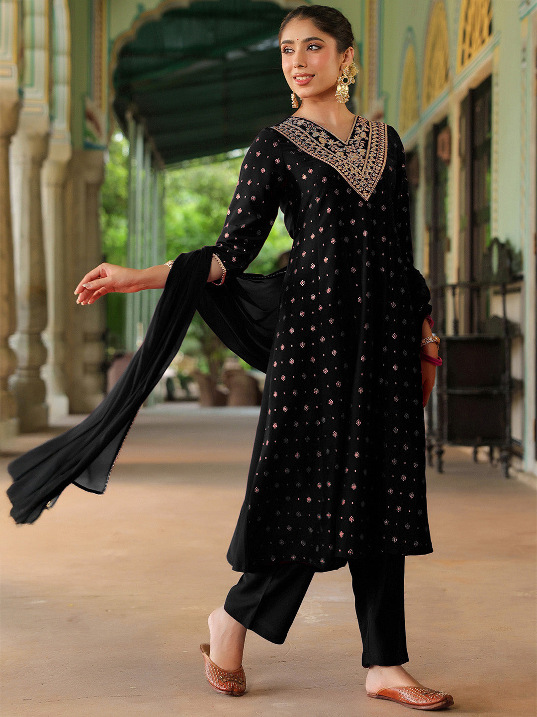 Ninnique Women's Black Silk Blend Zari Yoke Embroidered Gold Printed Anarkali Kurta Set
