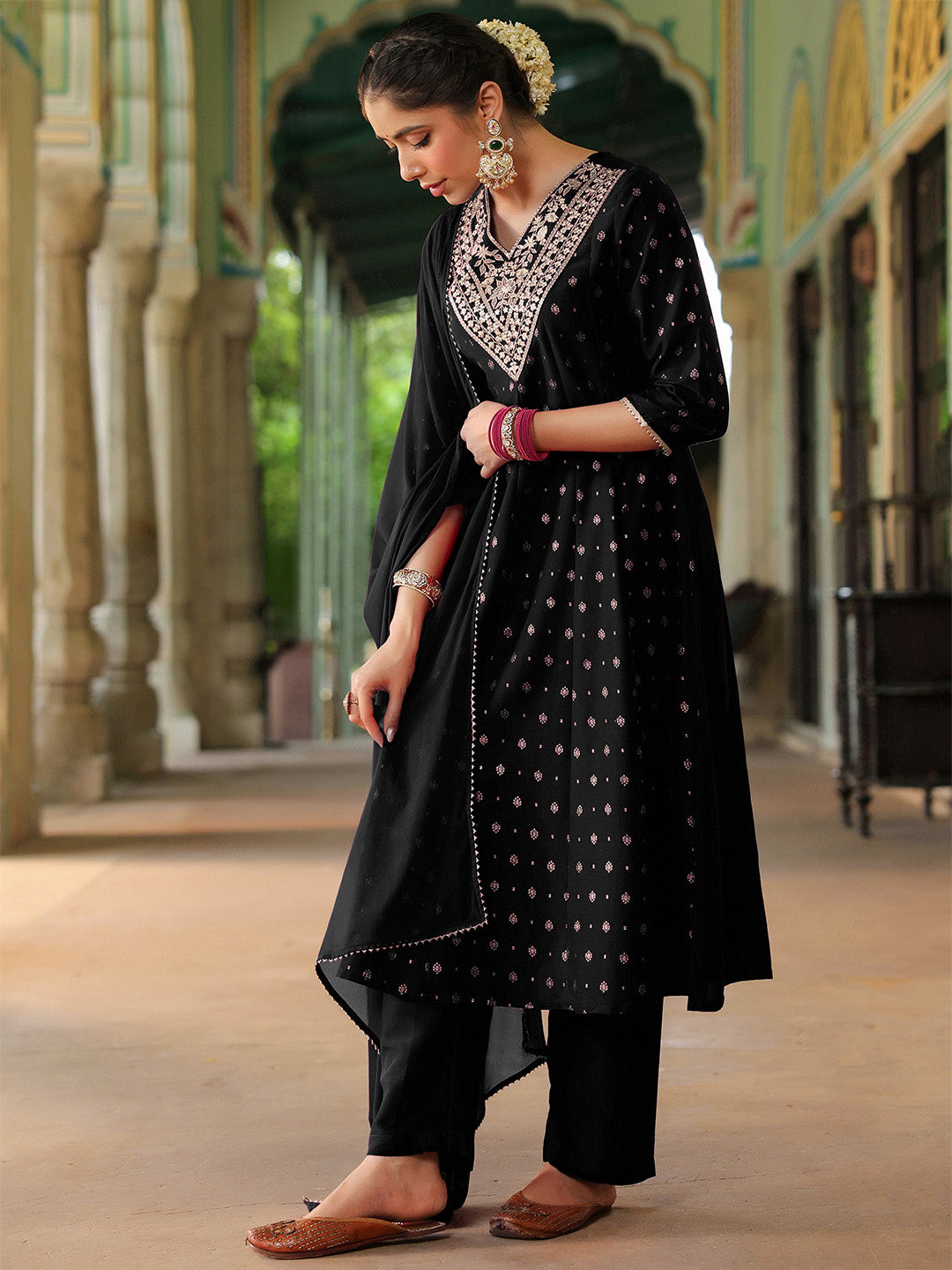Ninnique Women's Black Silk Blend Zari Yoke Embroidered Gold Printed Anarkali Kurta Set