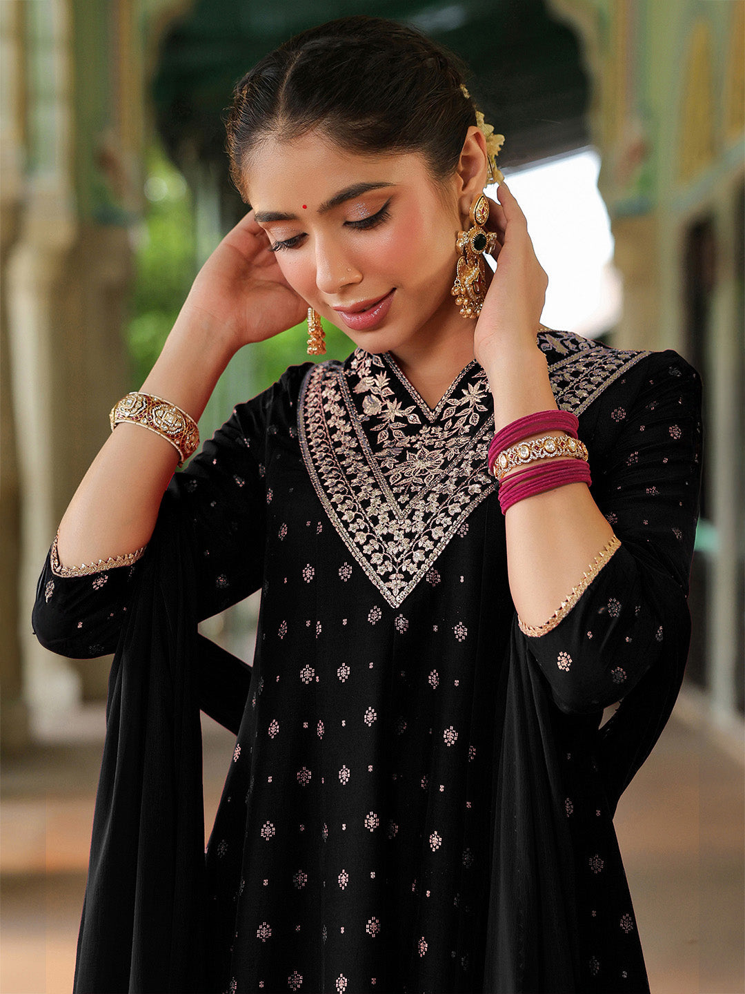 Ninnique Women's Black Silk Blend Zari Yoke Embroidered Gold Printed Anarkali Kurta Set