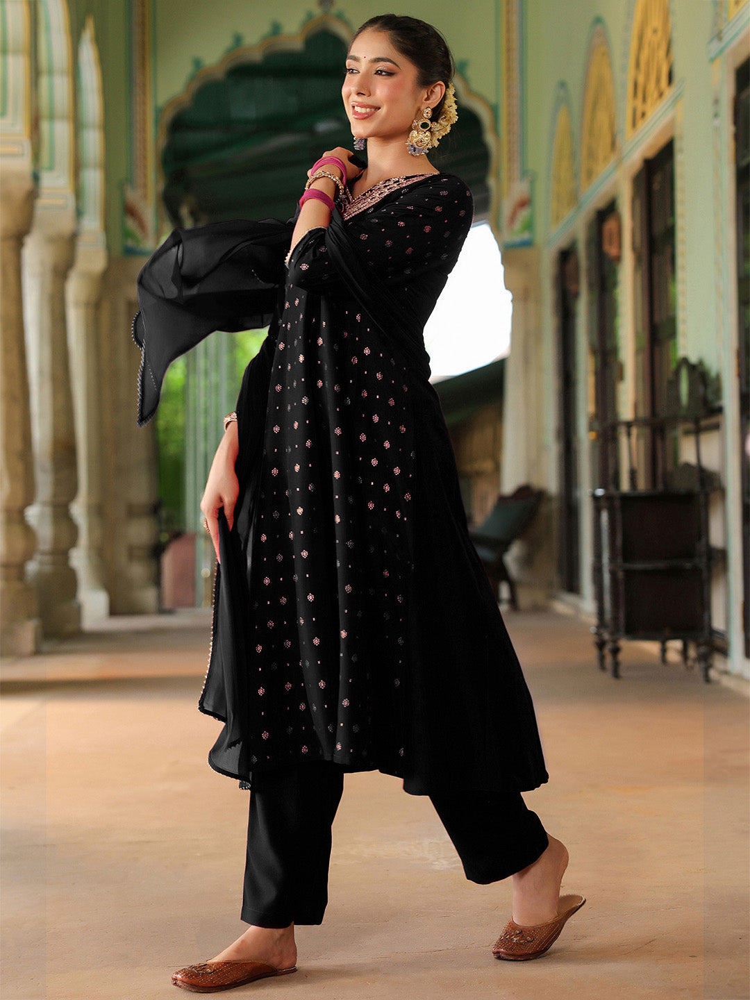 Ninnique Women's Black Silk Blend Zari Yoke Embroidered Gold Printed Anarkali Kurta Set