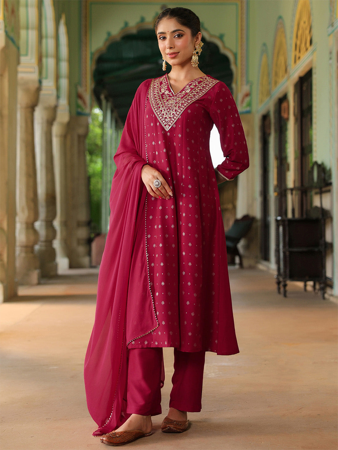 Ninnique Women's Pink Silk Blend Zari Yoke Embroidered Gold Printed Anarkali Kurta Set