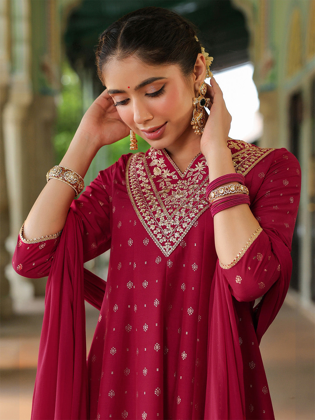 Ninnique Women's Pink Silk Blend Zari Yoke Embroidered Gold Printed Anarkali Kurta Set