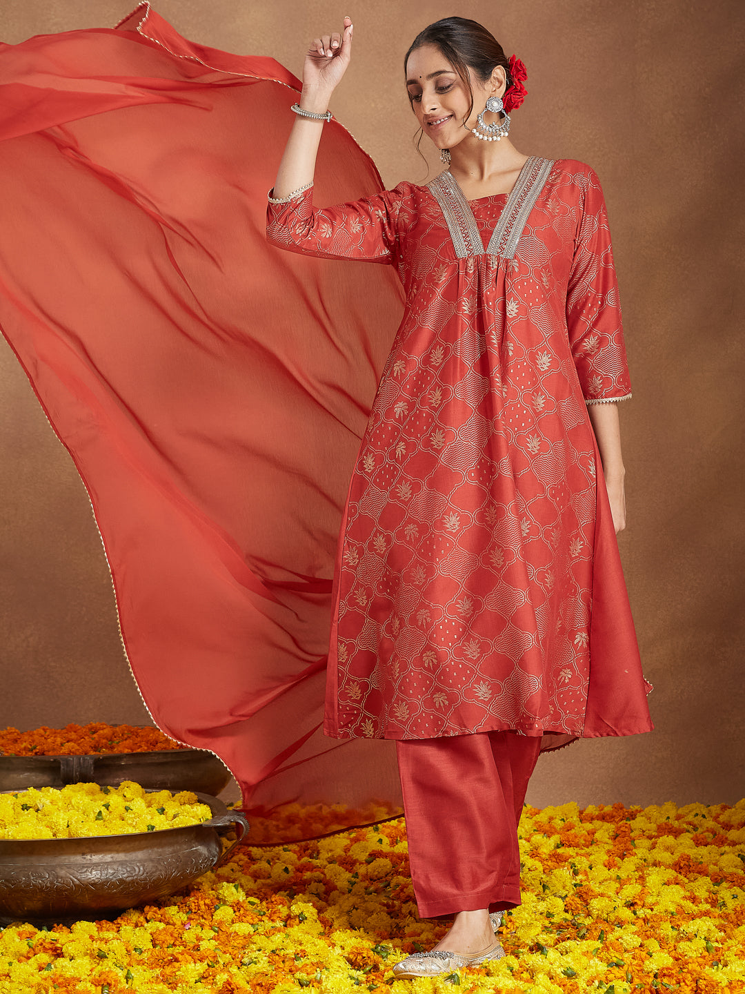 Ninnique Women's Rust Silk Blend Embellished Gold Printed A-line Kurta Set