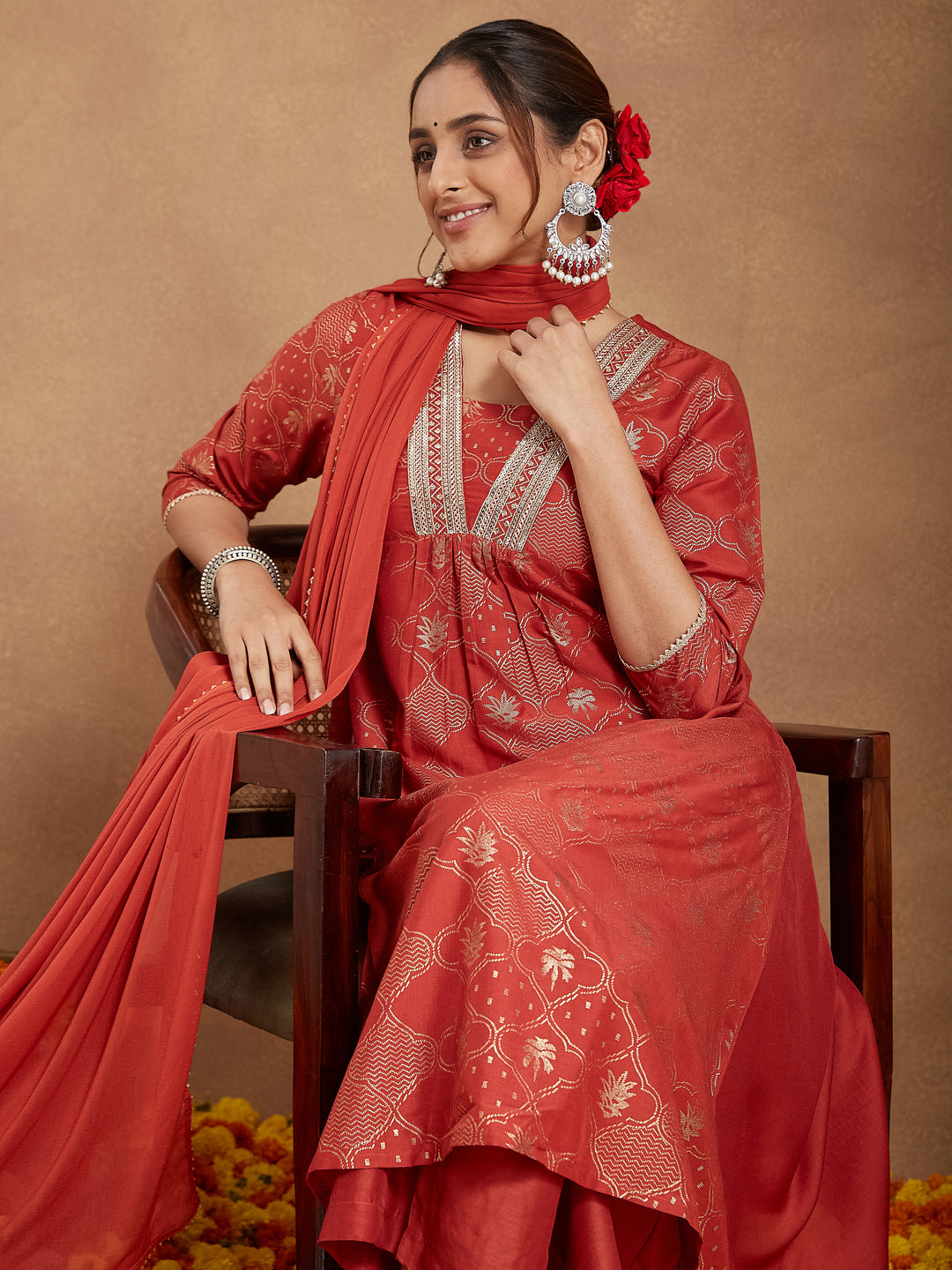 Ninnique Women's Rust Silk Blend Embellished Gold Printed A-line Kurta Set