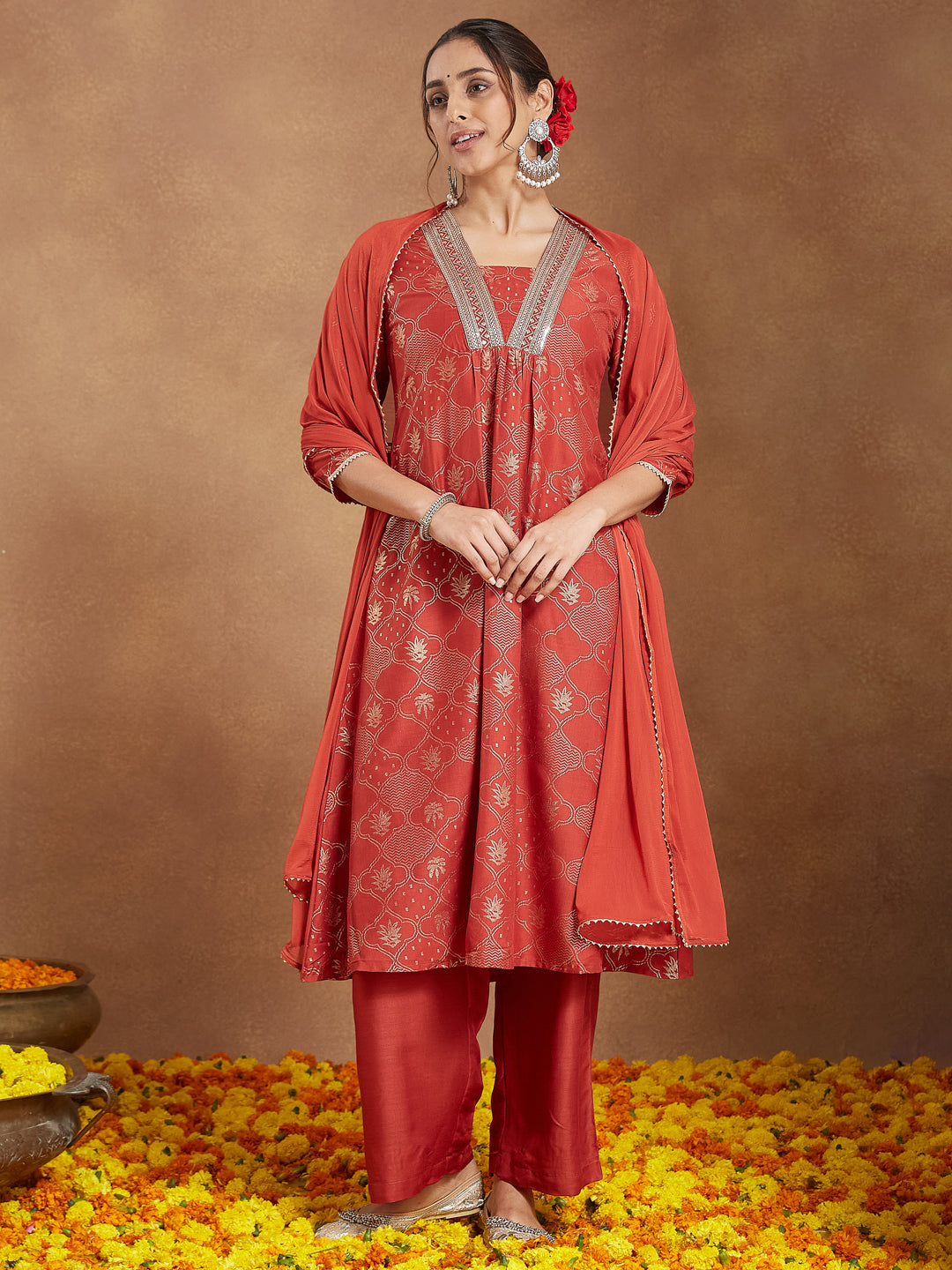 Ninnique Women's Rust Silk Blend Embellished Gold Printed A-line Kurta Set