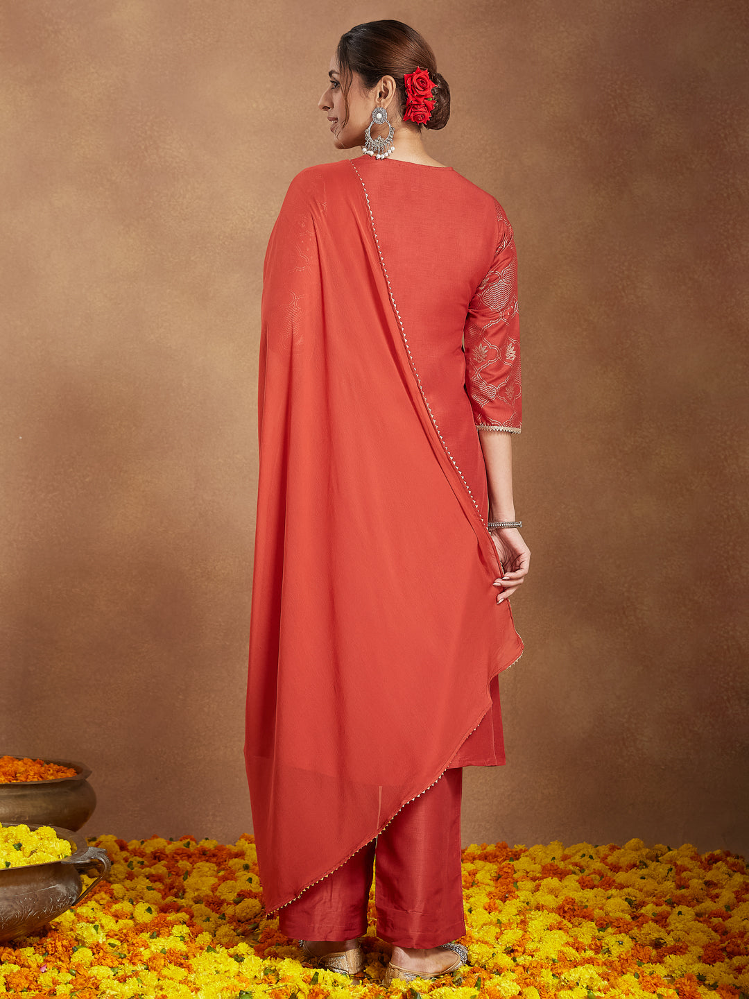 Ninnique Women's Rust Silk Blend Embellished Gold Printed A-line Kurta Set