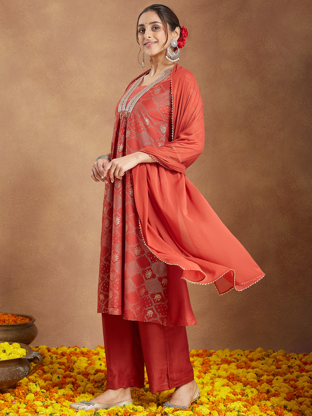 Ninnique Women's Rust Silk Blend Embellished Gold Printed A-line Kurta Set
