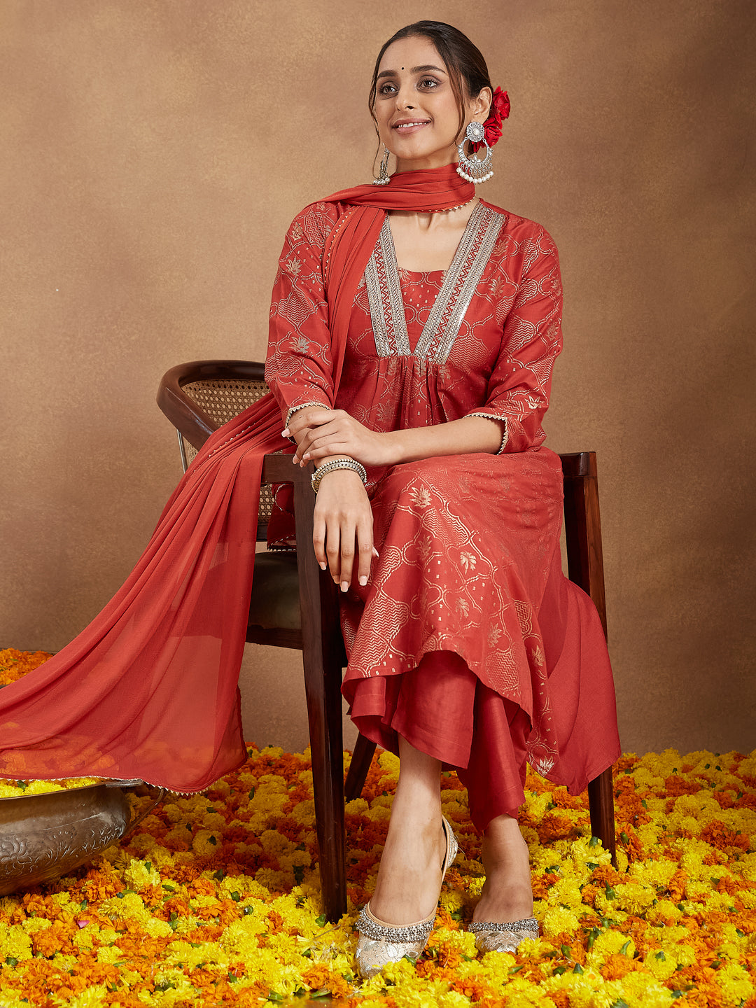Ninnique Women's Rust Silk Blend Embellished Gold Printed A-line Kurta Set