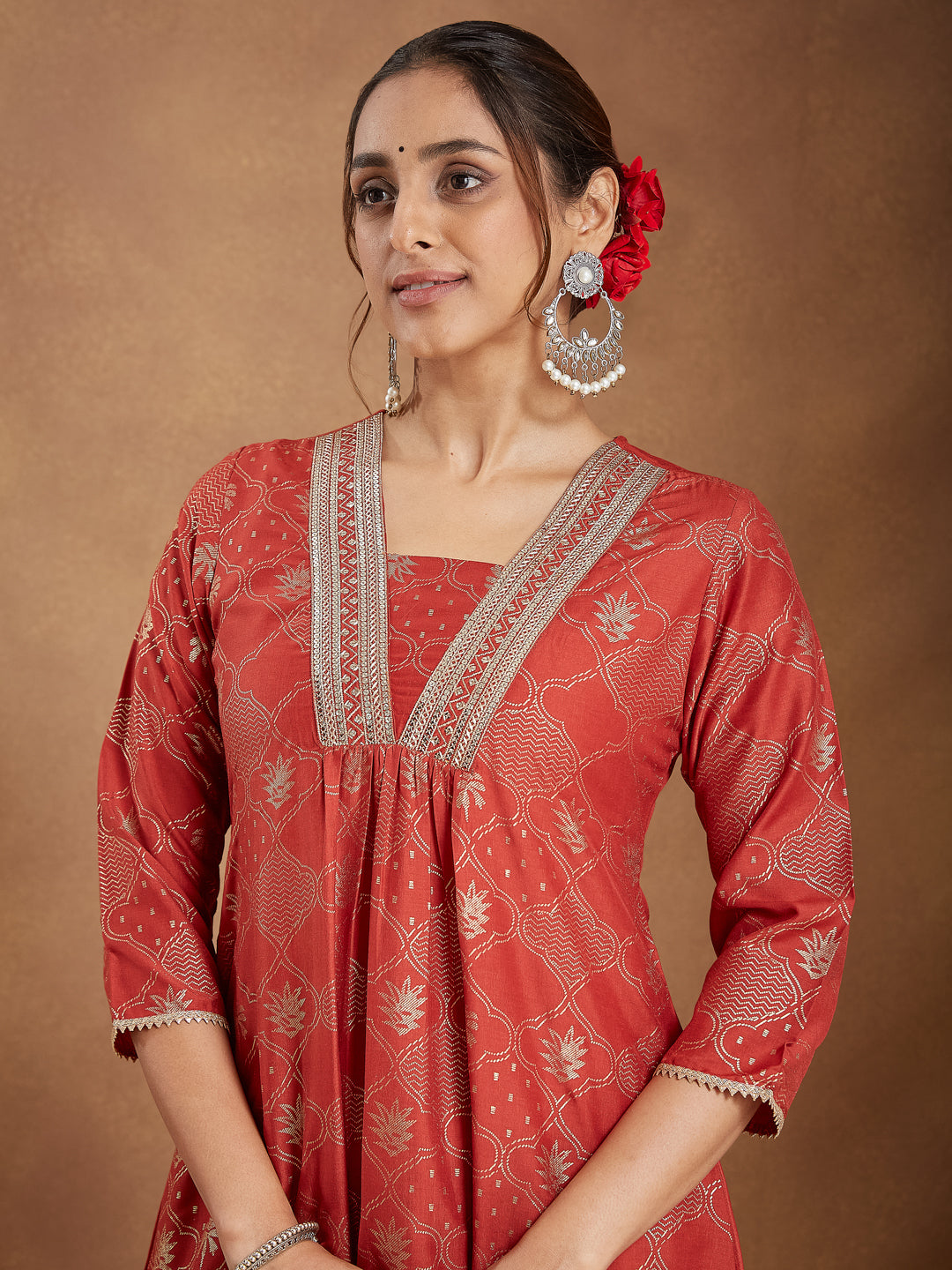 Ninnique Women's Rust Silk Blend Embellished Gold Printed A-line Kurta Set