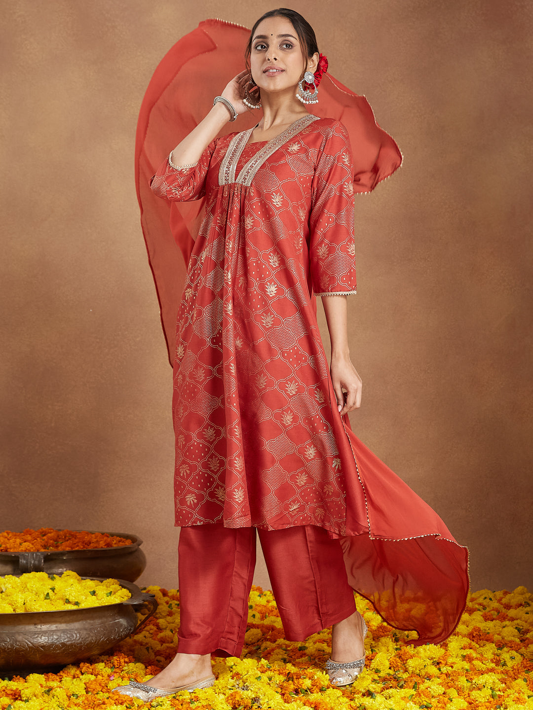 Ninnique Women's Rust Silk Blend Embellished Gold Printed A-line Kurta Set