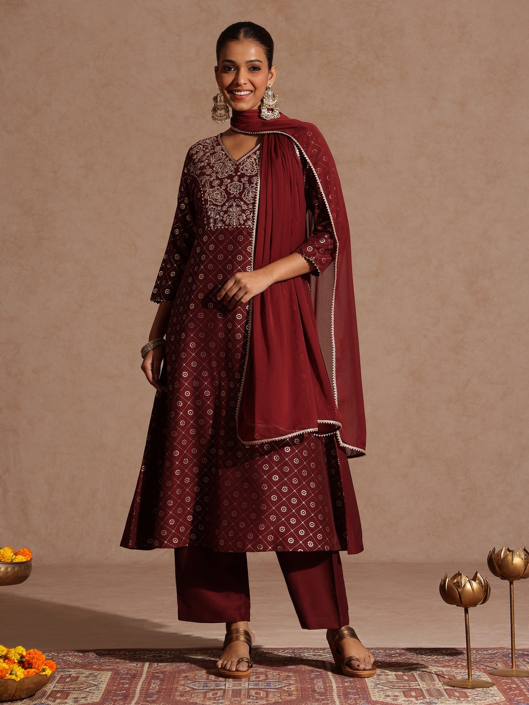 Ninnique Women's Maroon Silk Blend Foil Printed Yoke Embroidered A-line Kurta Set