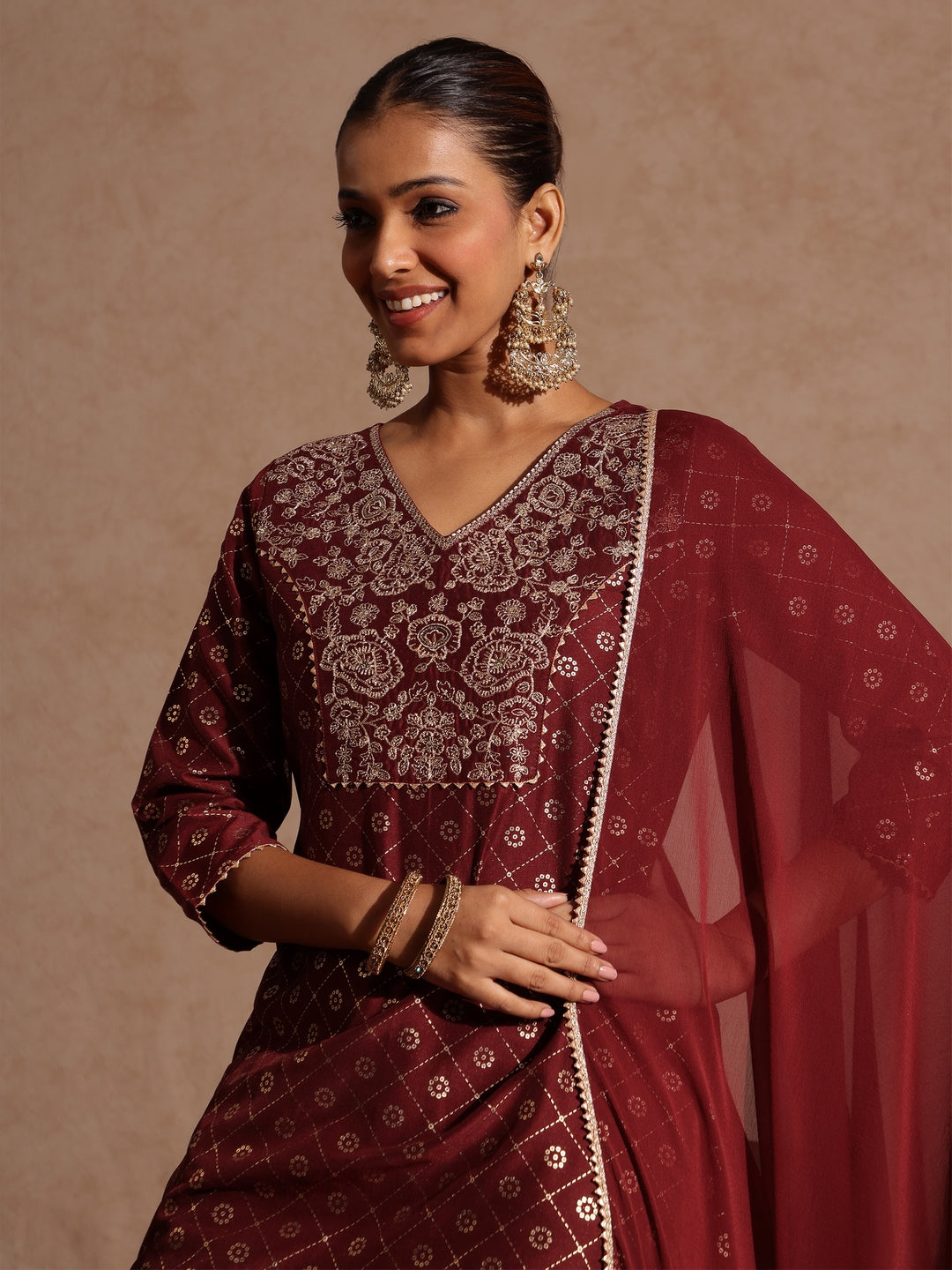 Ninnique Women's Maroon Silk Blend Foil Printed Yoke Embroidered A-line Kurta Set