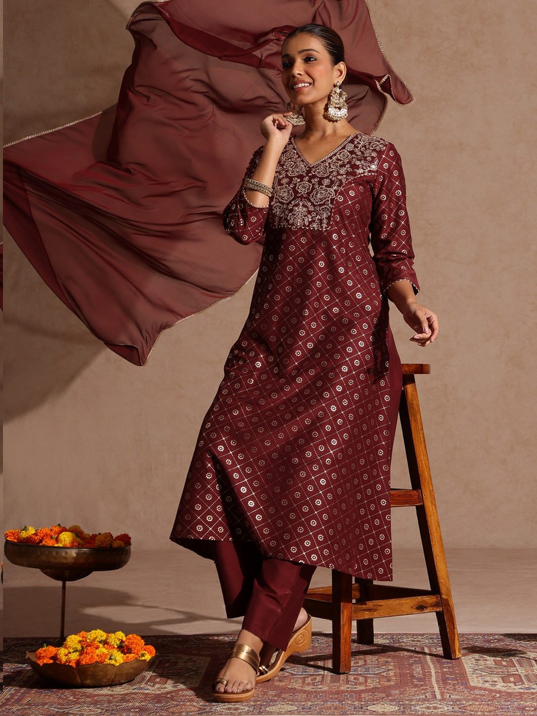 Ninnique Women's Maroon Silk Blend Foil Printed Yoke Embroidered A-line Kurta Set