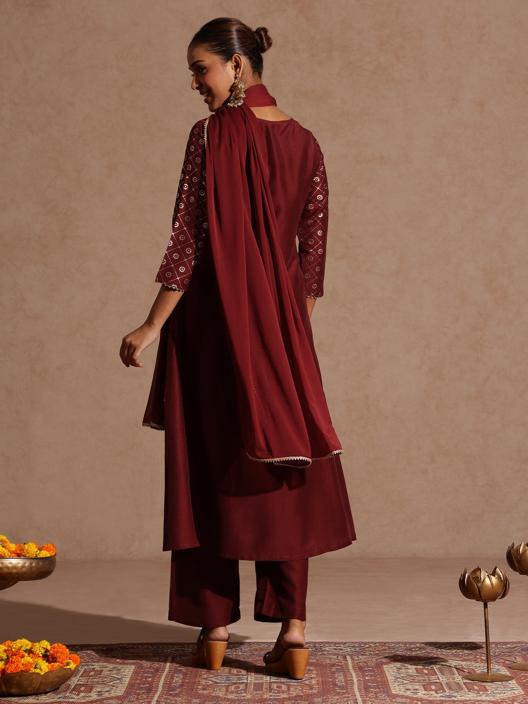 Ninnique Women's Maroon Silk Blend Foil Printed Yoke Embroidered A-line Kurta Set