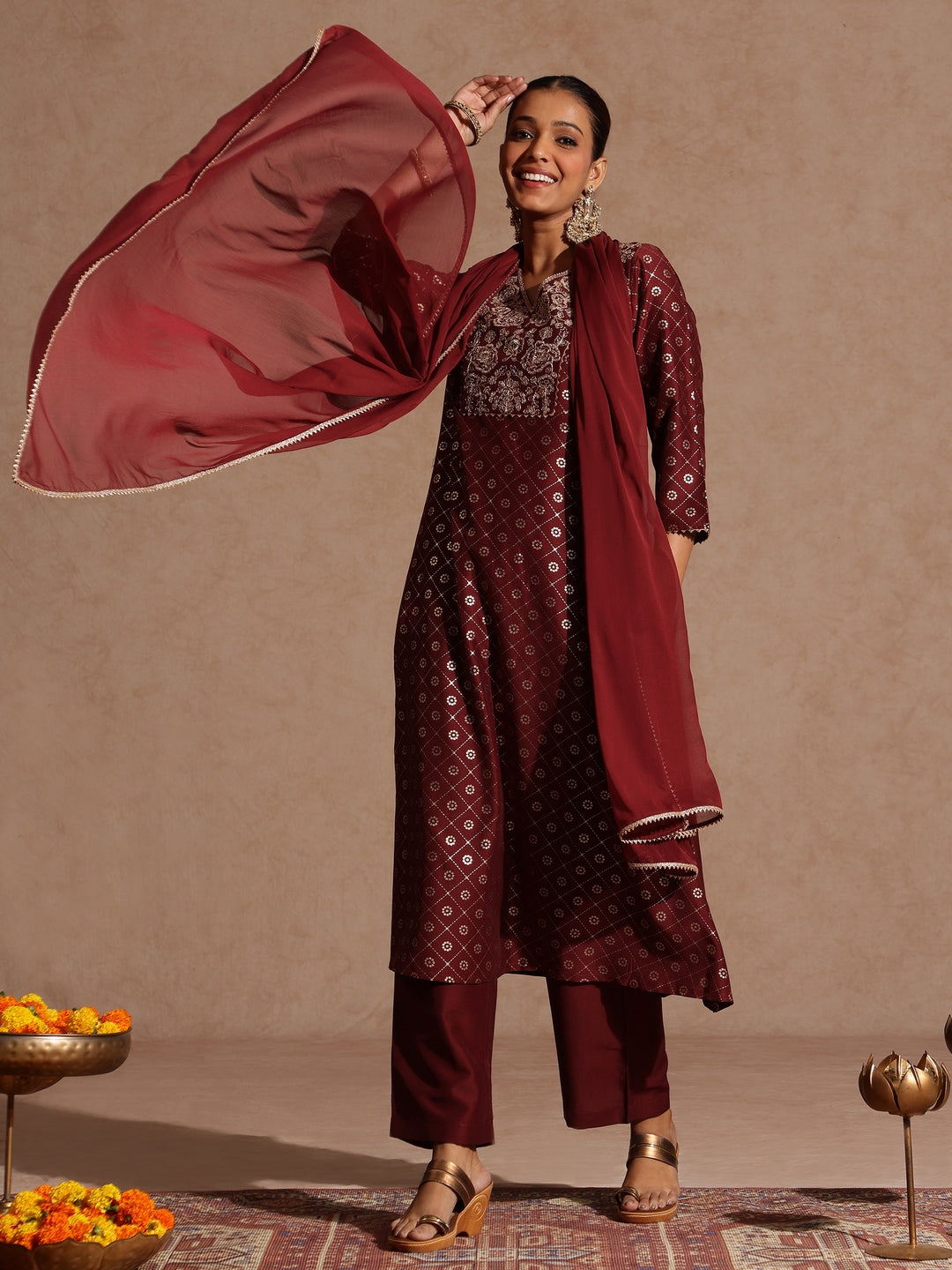 Ninnique Women's Maroon Silk Blend Foil Printed Yoke Embroidered A-line Kurta Set