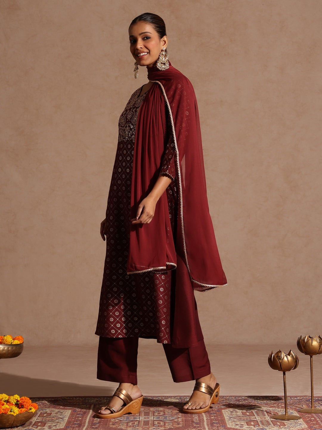 Ninnique Women's Maroon Silk Blend Foil Printed Yoke Embroidered A-line Kurta Set