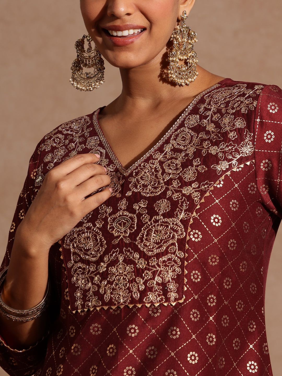 Ninnique Women's Maroon Silk Blend Foil Printed Yoke Embroidered A-line Kurta Set