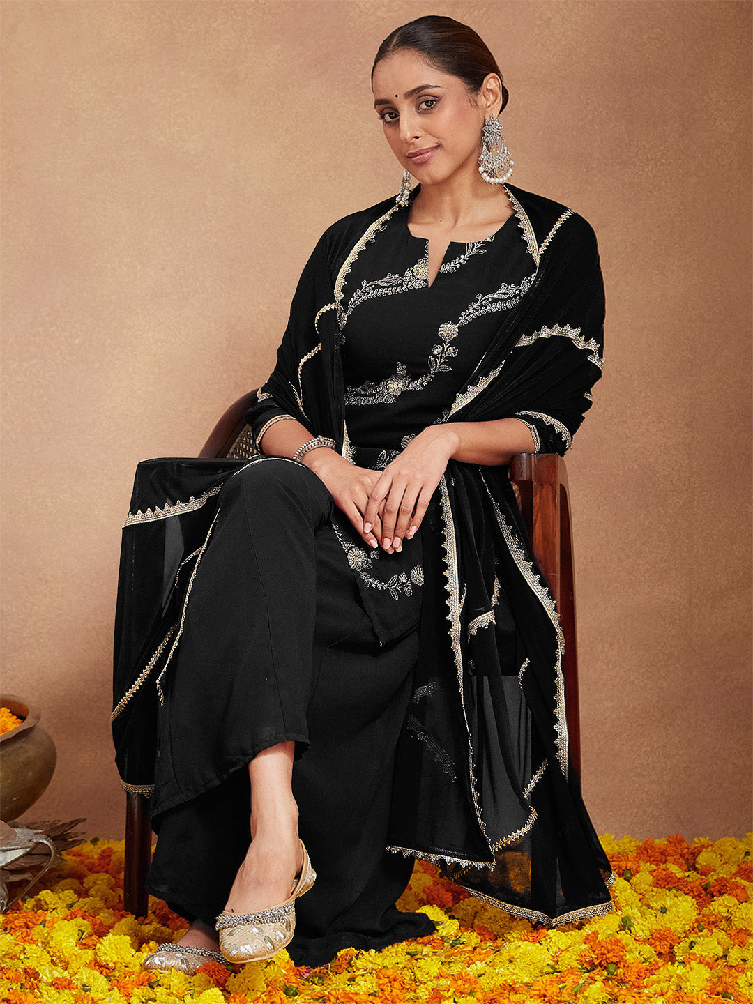 Ninnique Women's Black Georgette Zari Embroidered Straight Kurta With Palazzo & Dupatta Set