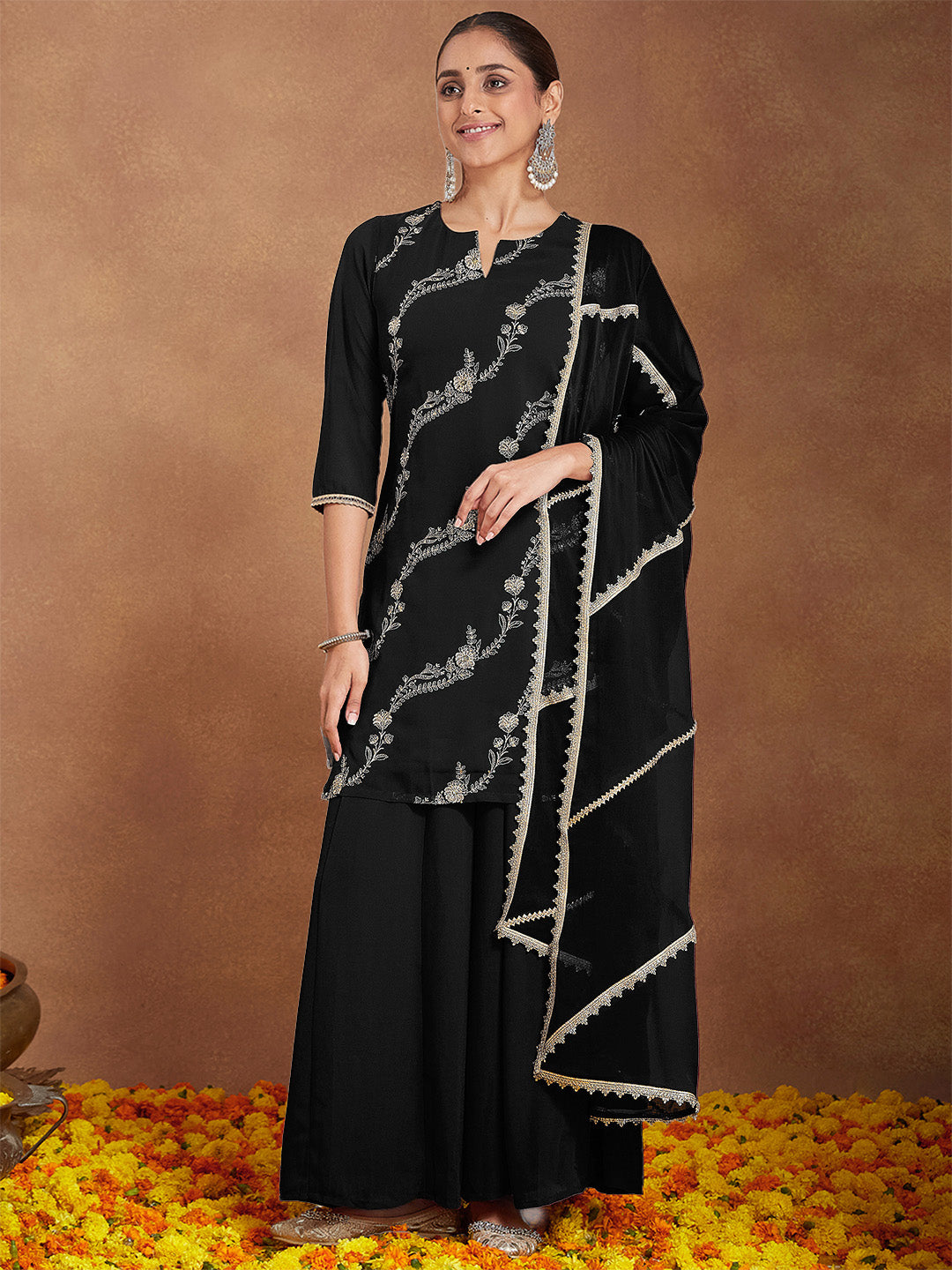 Ninnique Women's Black Georgette Zari Embroidered Straight Kurta With Palazzo & Dupatta Set