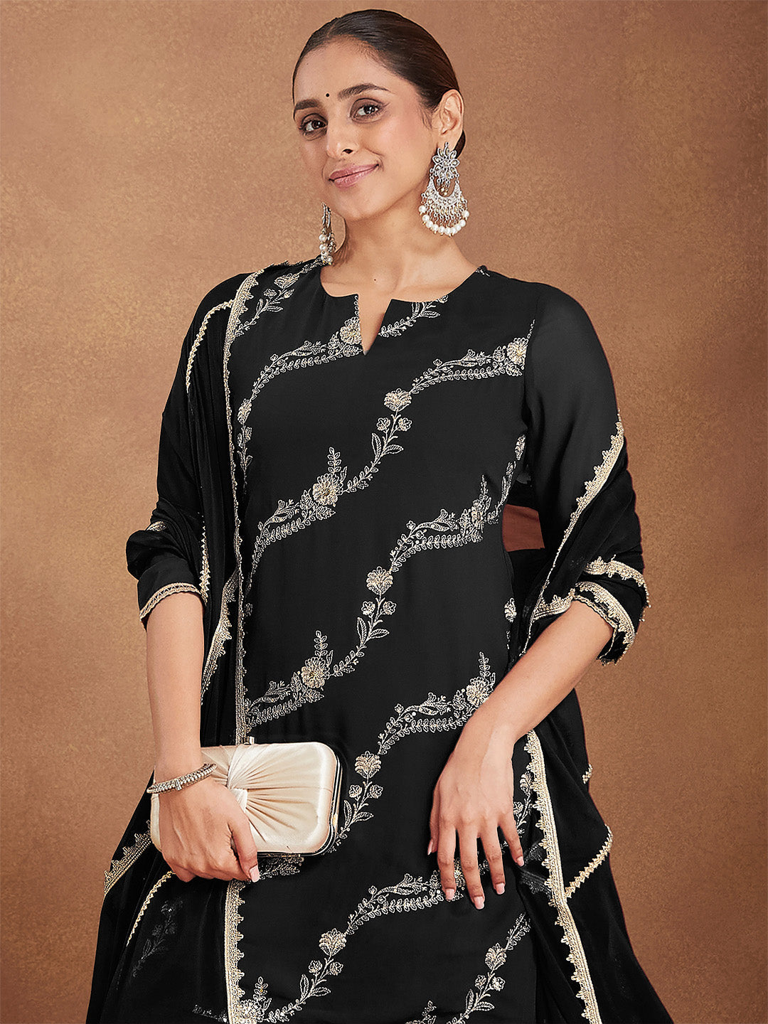 Ninnique Women's Black Georgette Zari Embroidered Straight Kurta With Palazzo & Dupatta Set