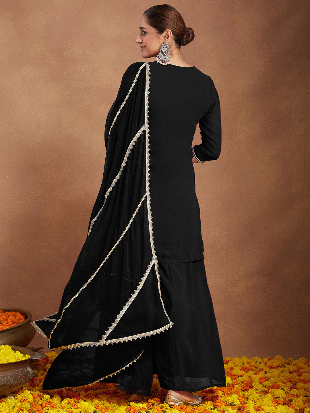 Ninnique Women's Black Georgette Zari Embroidered Straight Kurta With Palazzo & Dupatta Set
