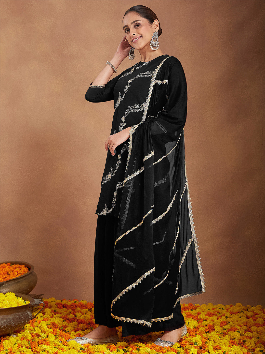 Ninnique Women's Black Georgette Zari Embroidered Straight Kurta With Palazzo & Dupatta Set