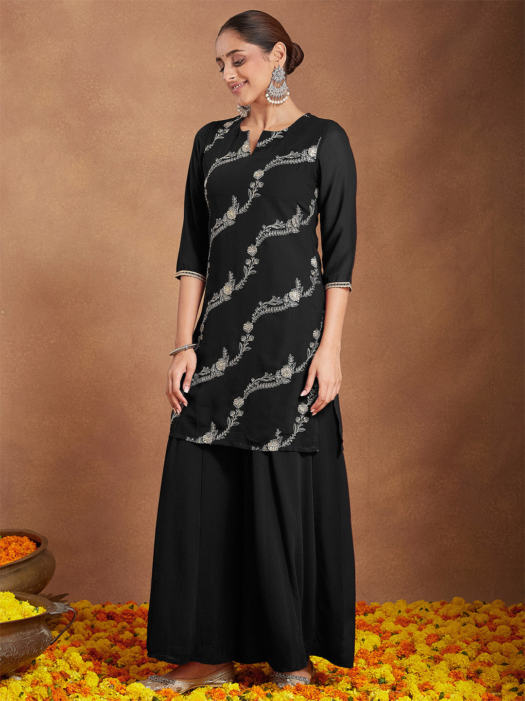 Ninnique Women's Black Georgette Zari Embroidered Straight Kurta With Palazzo & Dupatta Set