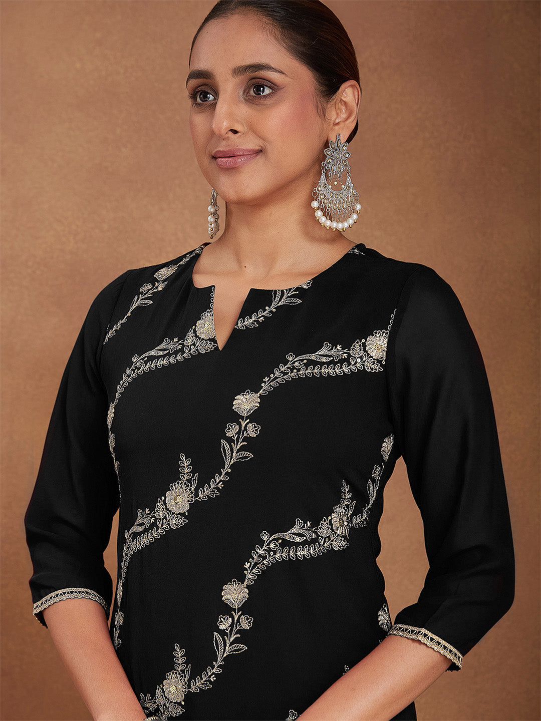 Ninnique Women's Black Georgette Zari Embroidered Straight Kurta With Palazzo & Dupatta Set