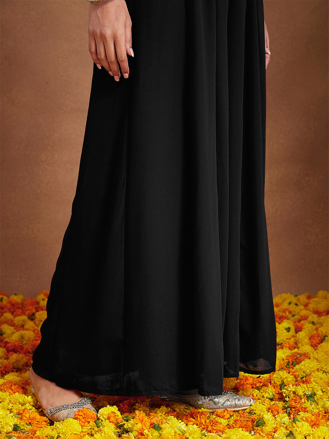Ninnique Women's Black Georgette Zari Embroidered Straight Kurta With Palazzo & Dupatta Set