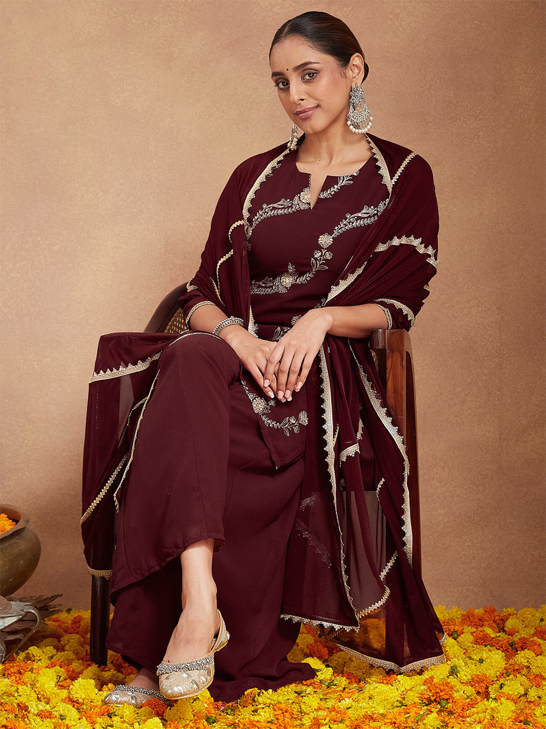 Ninnique Women's Maroon Georgette Zari Embroidered Kurta With Sharara & Dupatta Set