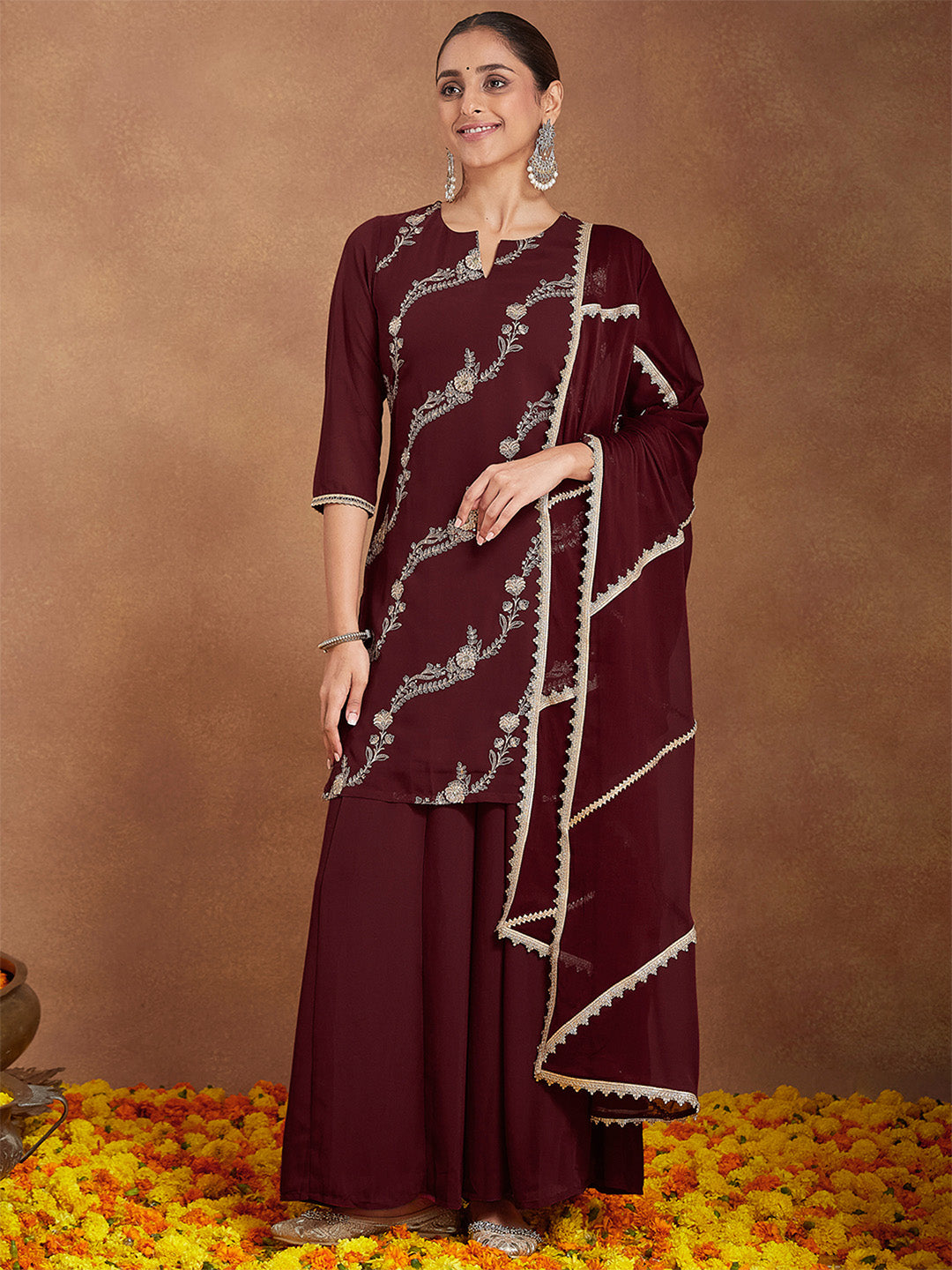 Ninnique Women's Maroon Georgette Zari Embroidered Kurta With Sharara & Dupatta Set