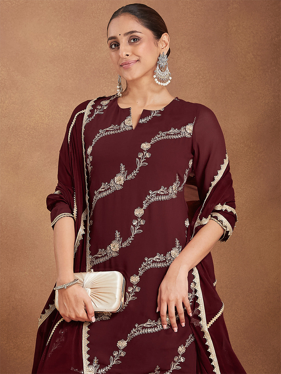 Ninnique Women's Maroon Georgette Zari Embroidered Kurta With Sharara & Dupatta Set