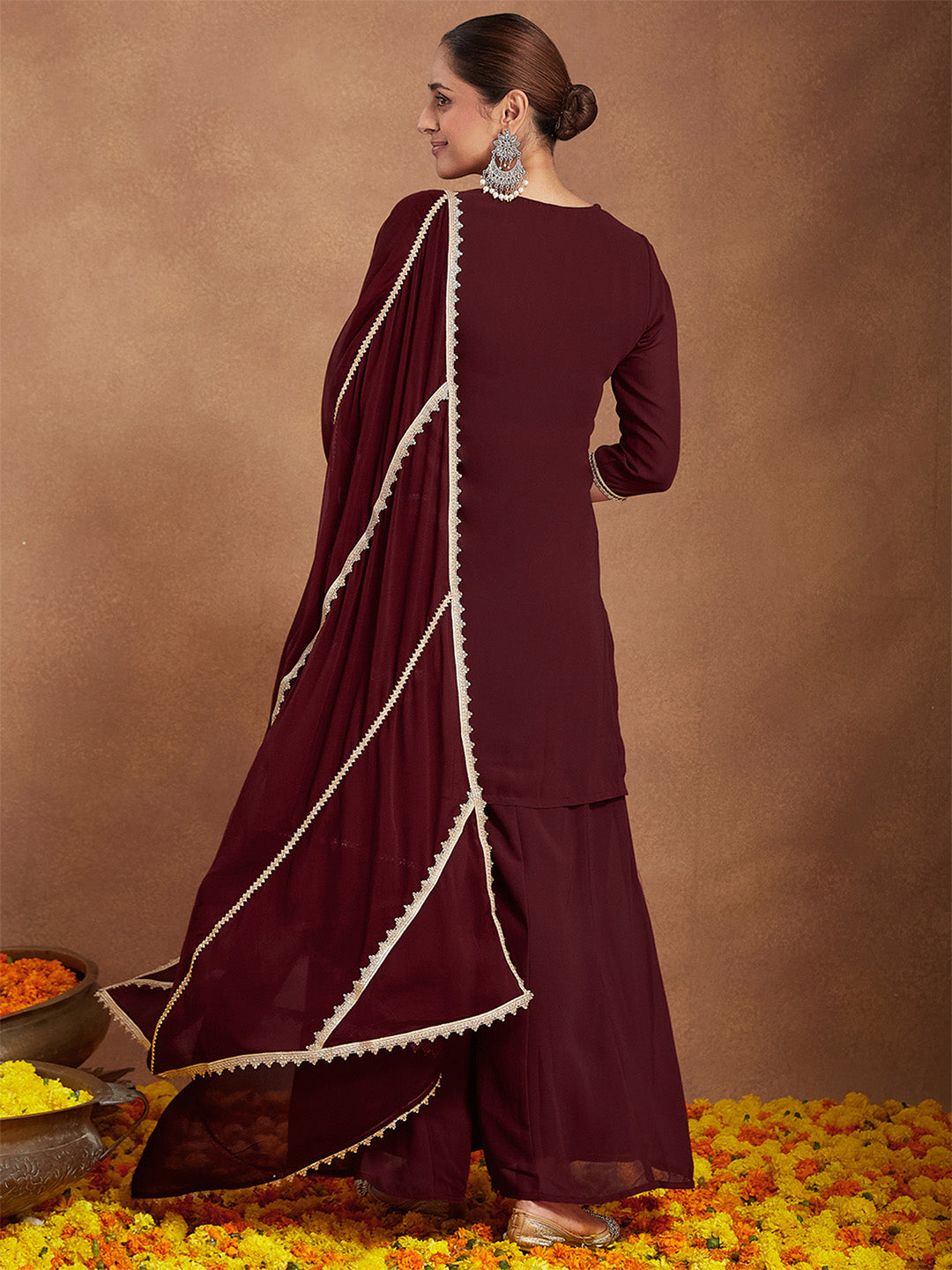 Ninnique Women's Maroon Georgette Zari Embroidered Kurta With Sharara & Dupatta Set