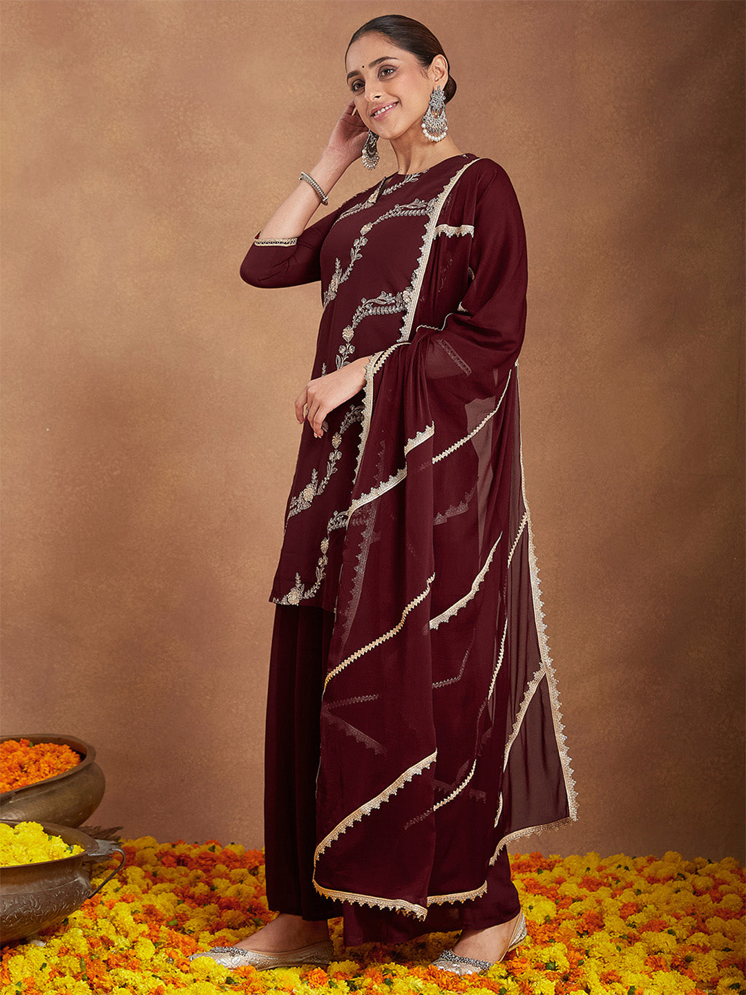 Ninnique Women's Maroon Georgette Zari Embroidered Kurta With Sharara & Dupatta Set