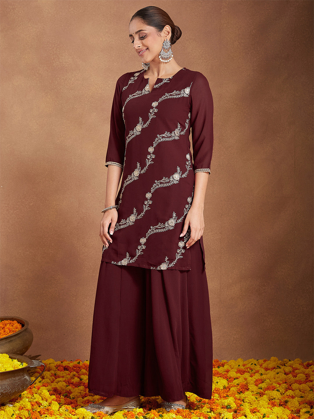 Ninnique Women's Maroon Georgette Zari Embroidered Kurta With Sharara & Dupatta Set