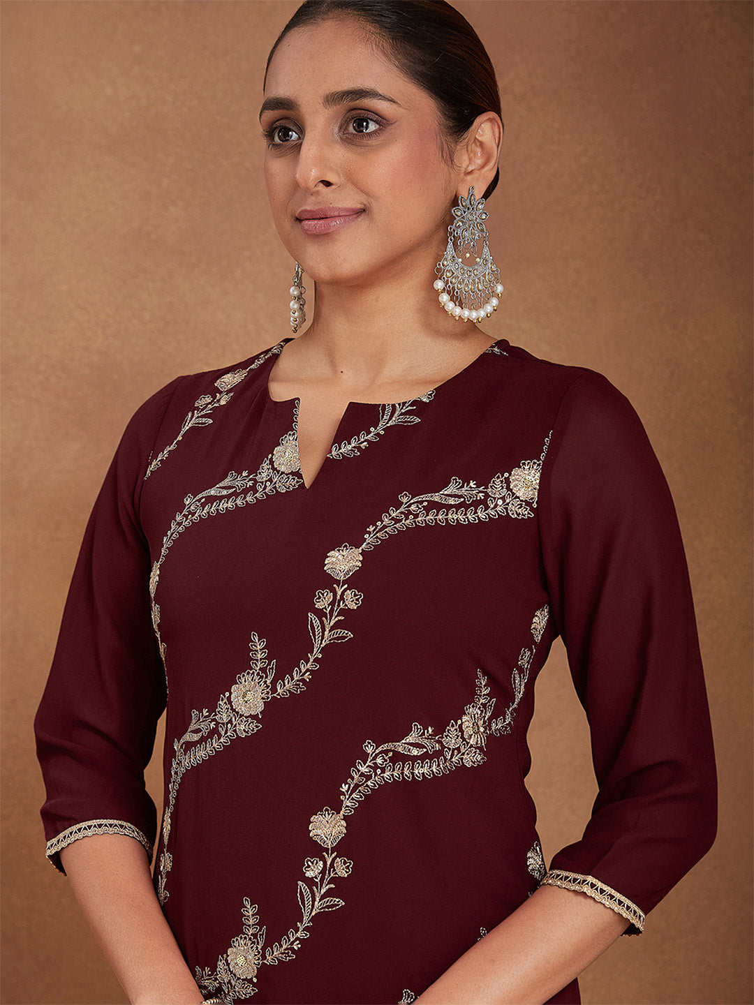 Ninnique Women's Maroon Georgette Zari Embroidered Kurta With Sharara & Dupatta Set