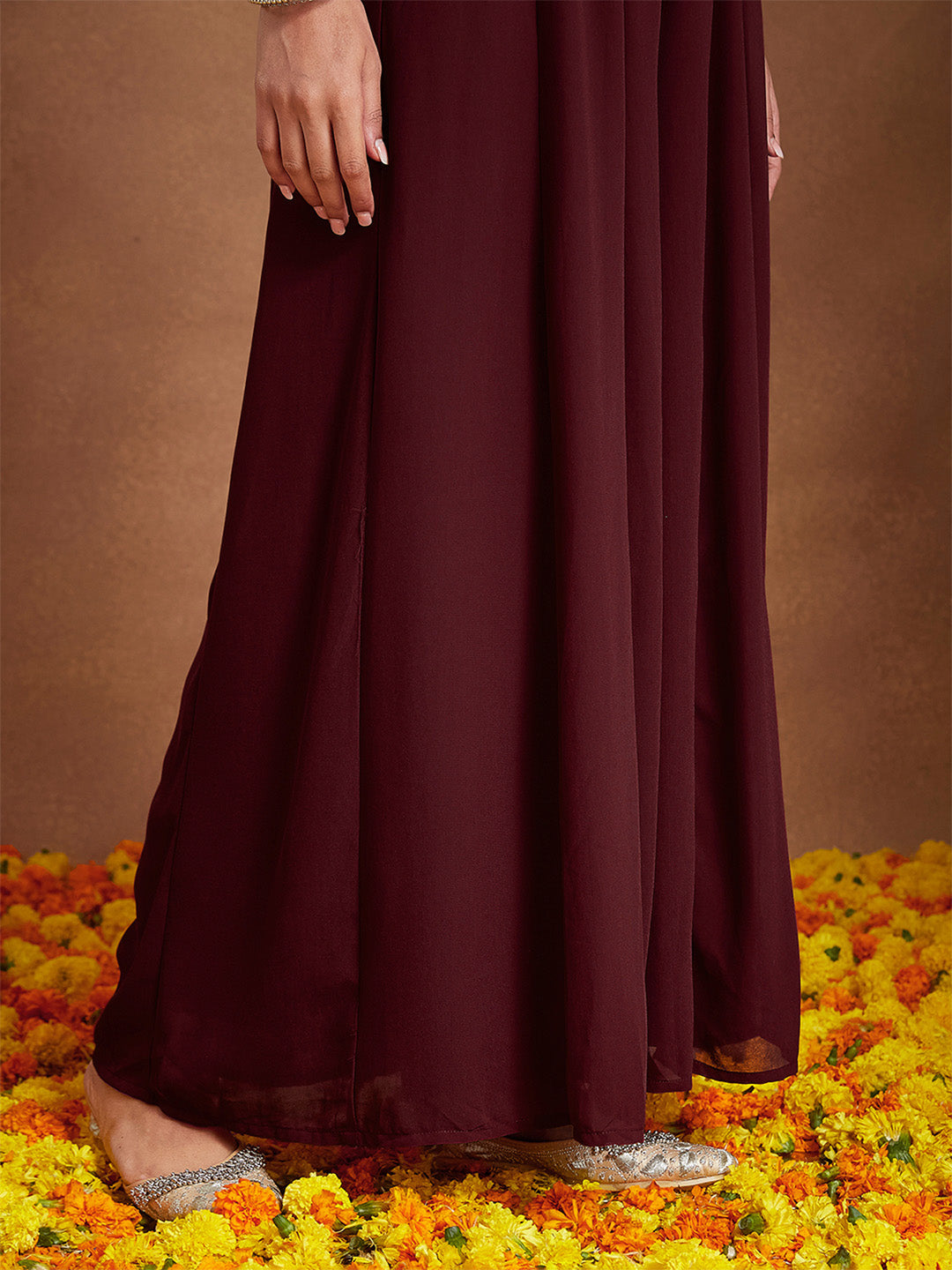 Ninnique Women's Maroon Georgette Zari Embroidered Kurta With Sharara & Dupatta Set