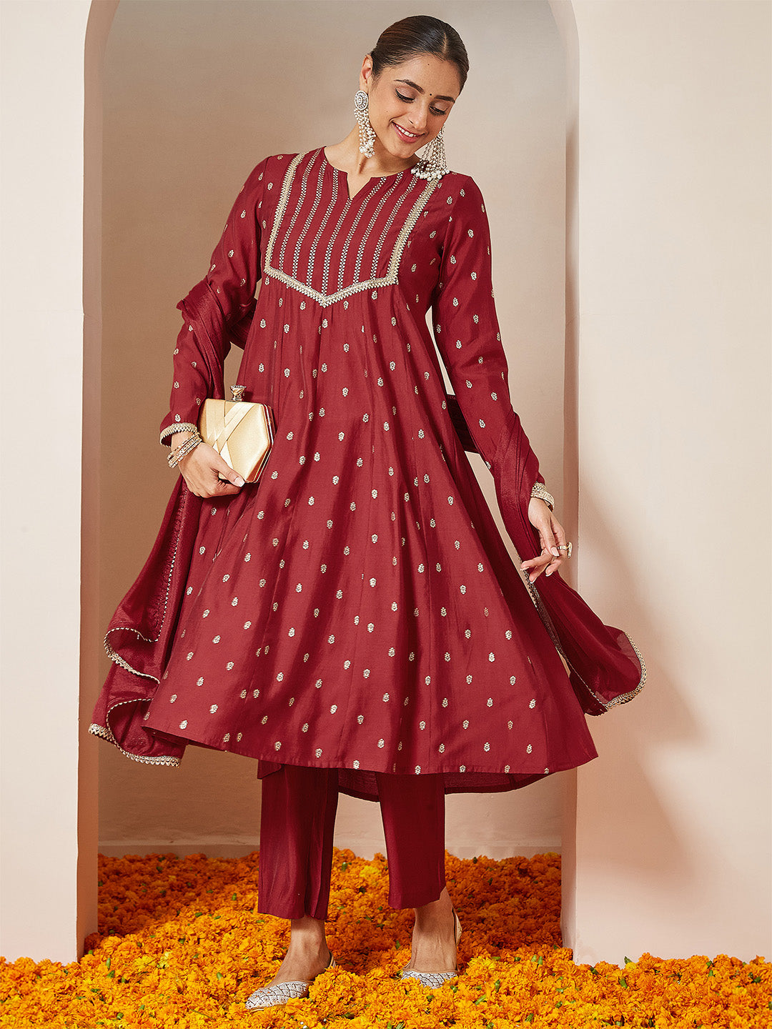 Ninnique Women's Maroon Chanderi Silk Embellished Gold Printed Anarkali Kurta Set