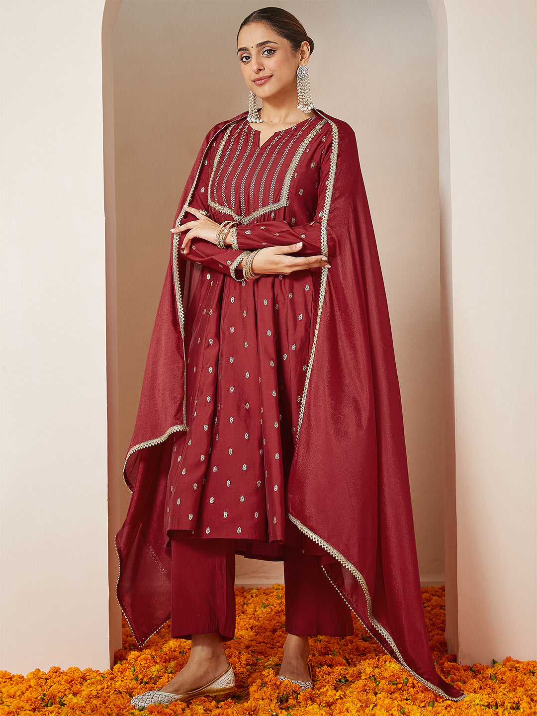 Ninnique Women's Maroon Chanderi Silk Embellished Gold Printed Anarkali Kurta Set
