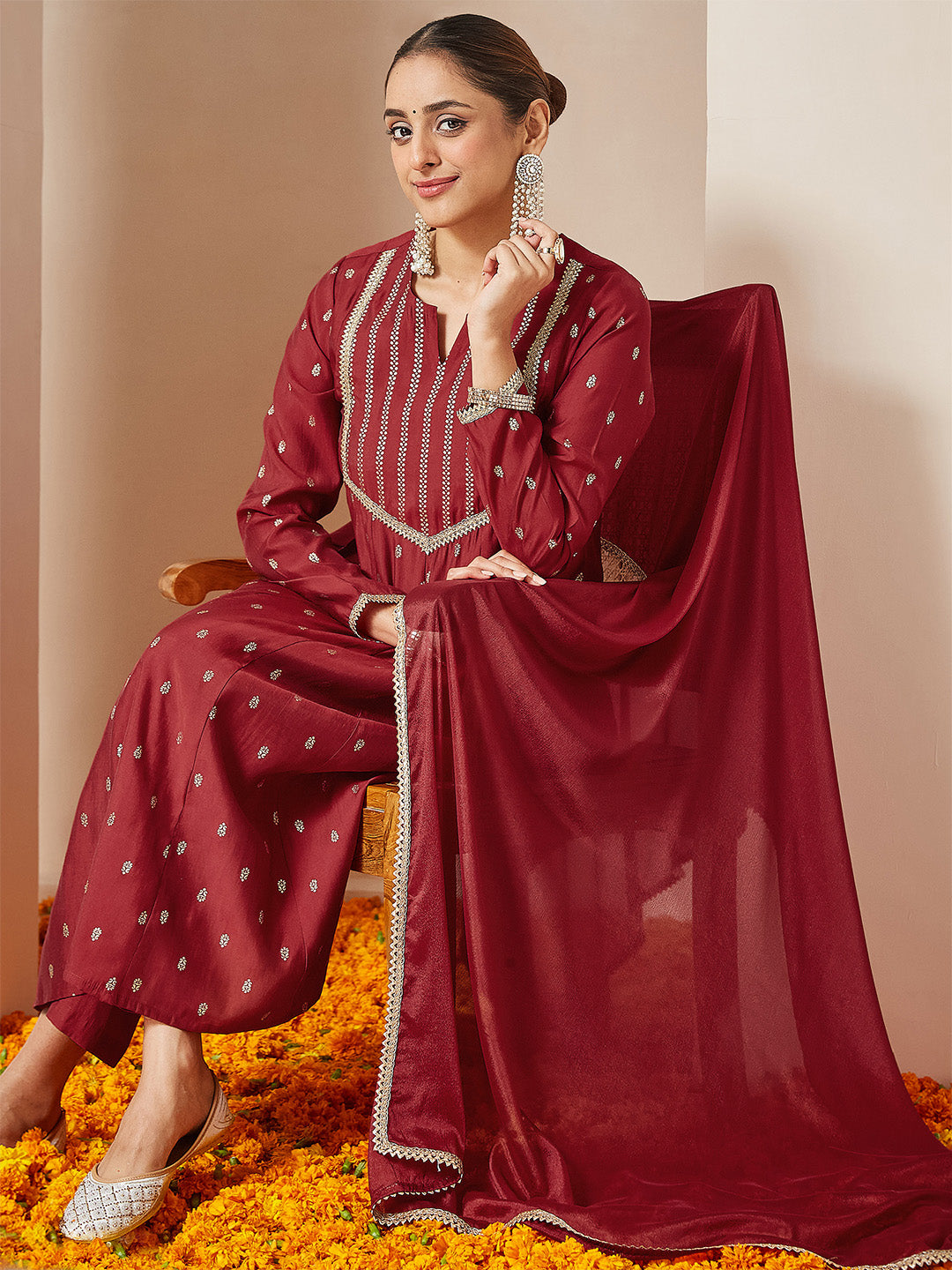 Ninnique Women's Maroon Chanderi Silk Embellished Gold Printed Anarkali Kurta Set