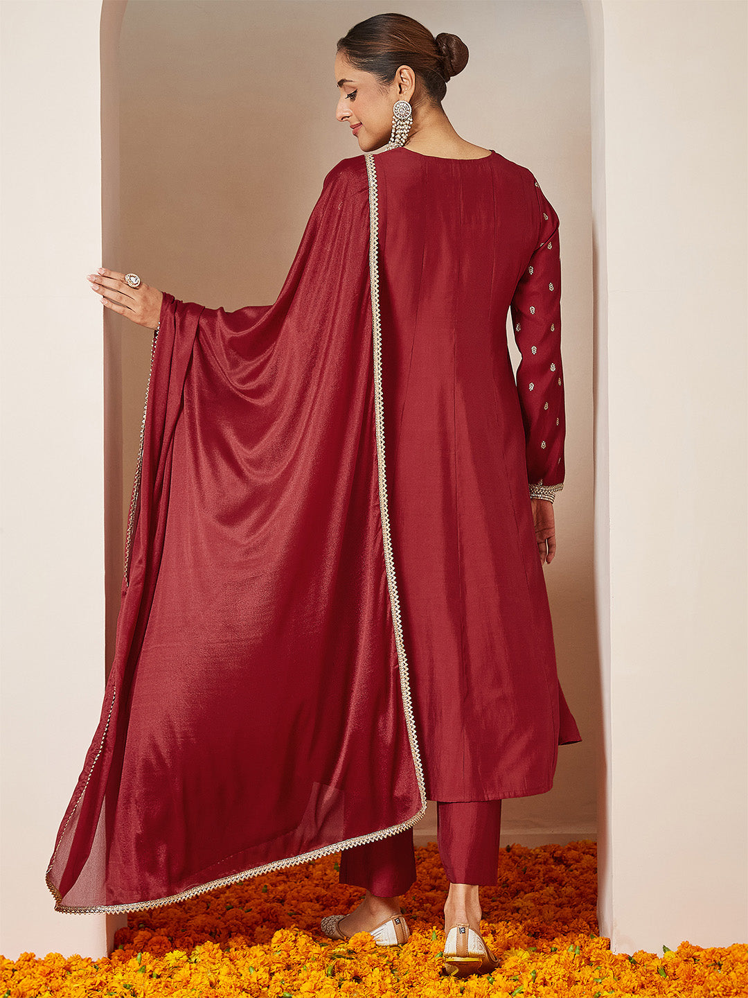 Ninnique Women's Maroon Chanderi Silk Embellished Gold Printed Anarkali Kurta Set