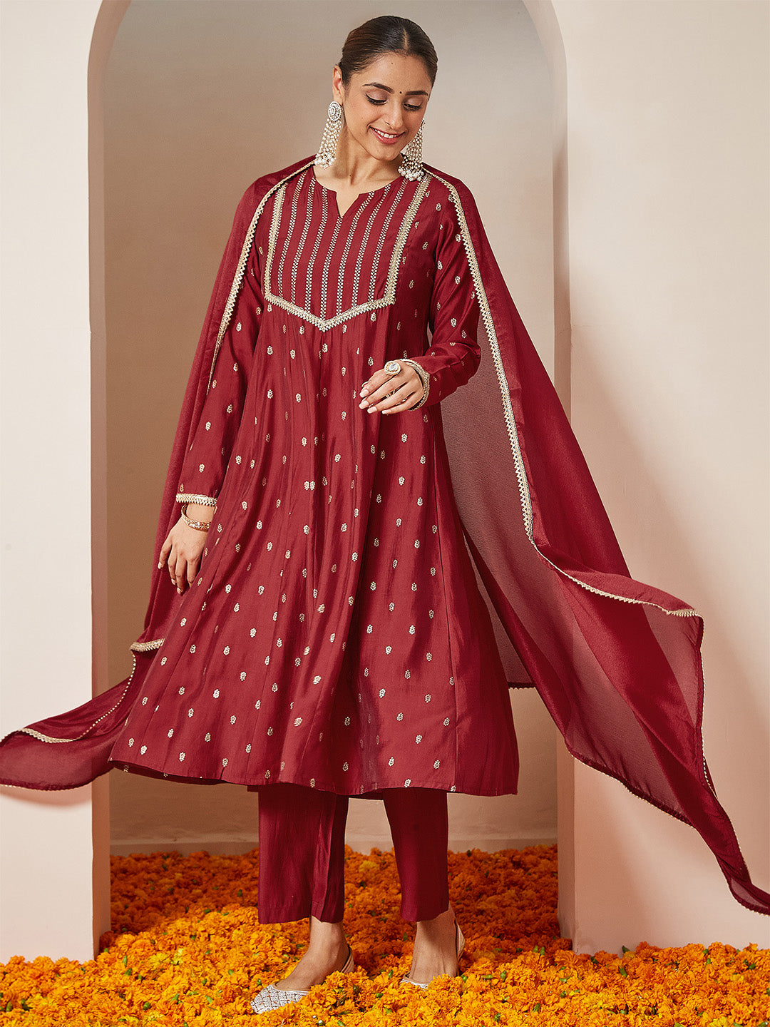 Ninnique Women's Maroon Chanderi Silk Embellished Gold Printed Anarkali Kurta Set
