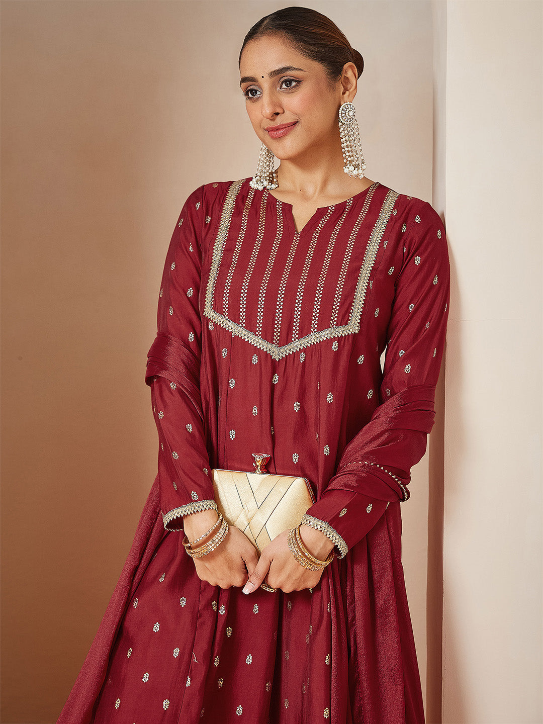 Ninnique Women's Maroon Chanderi Silk Embellished Gold Printed Anarkali Kurta Set