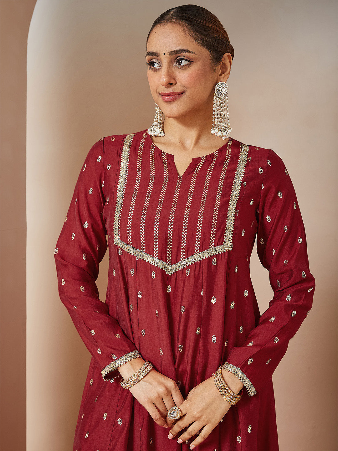 Ninnique Women's Maroon Chanderi Silk Embellished Gold Printed Anarkali Kurta Set
