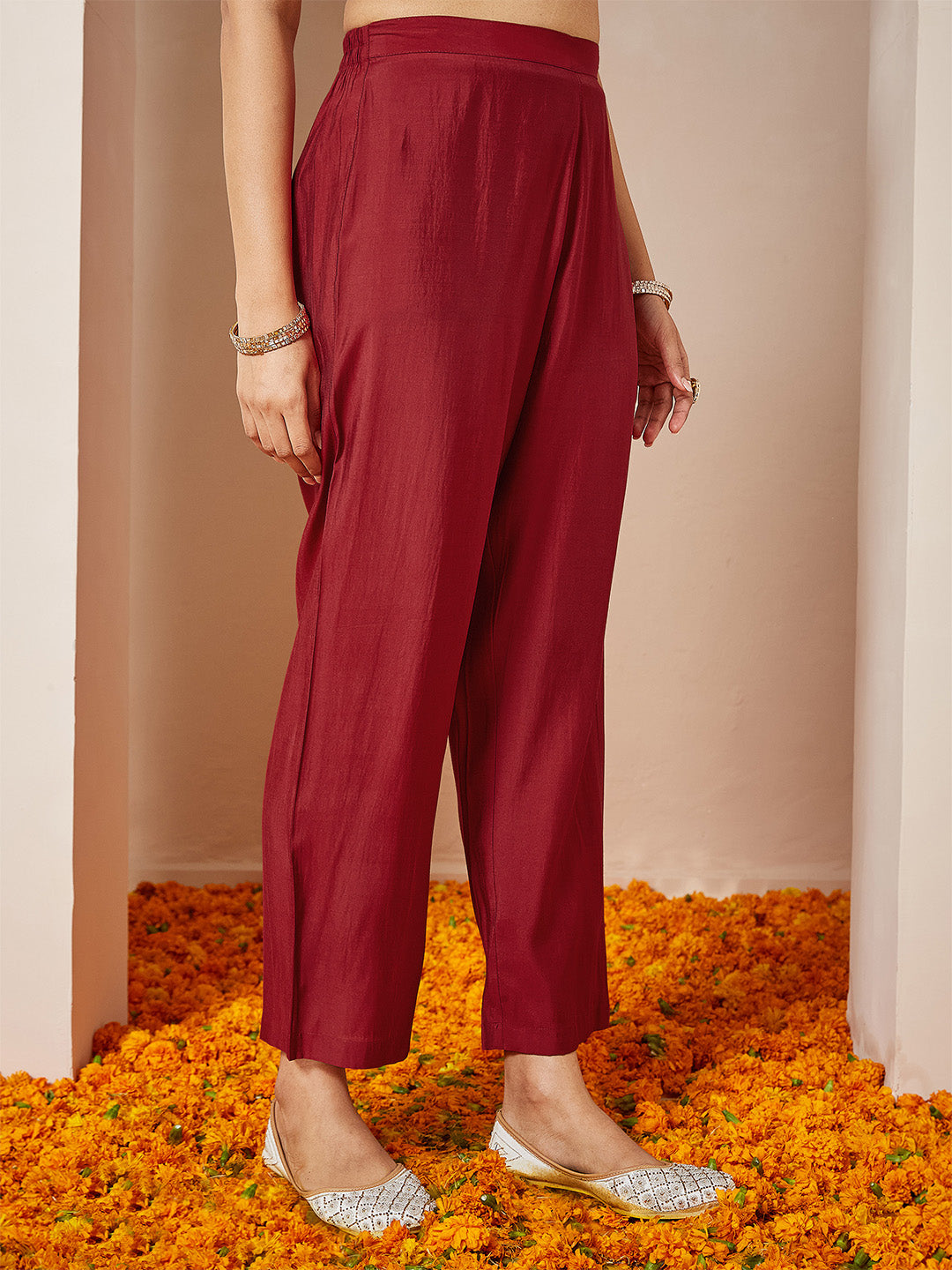 Ninnique Women's Maroon Chanderi Silk Embellished Gold Printed Anarkali Kurta Set