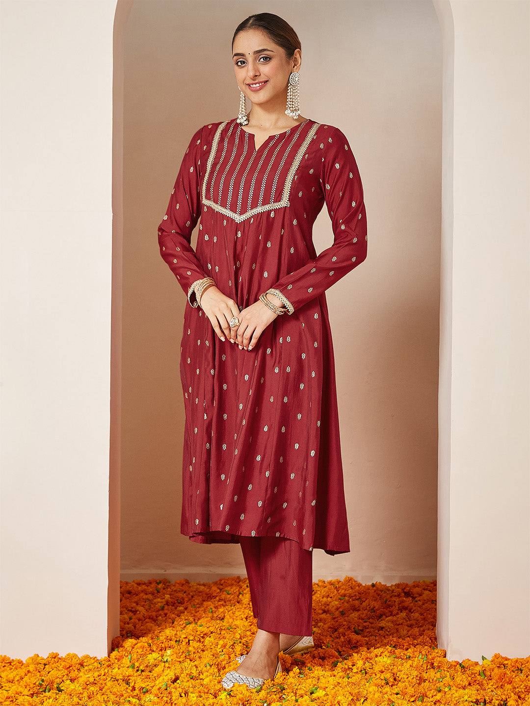 Ninnique Women's Maroon Chanderi Silk Embellished Gold Printed Anarkali Kurta Set